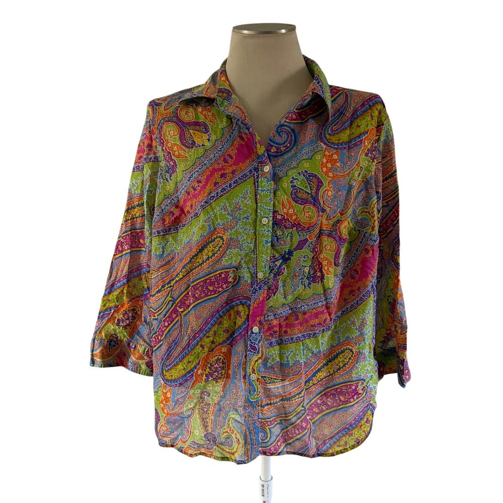 Ralph Lauren Vibrant Paisley Cotton Button Up Shirt Plus Size 1X Boho Maximalist